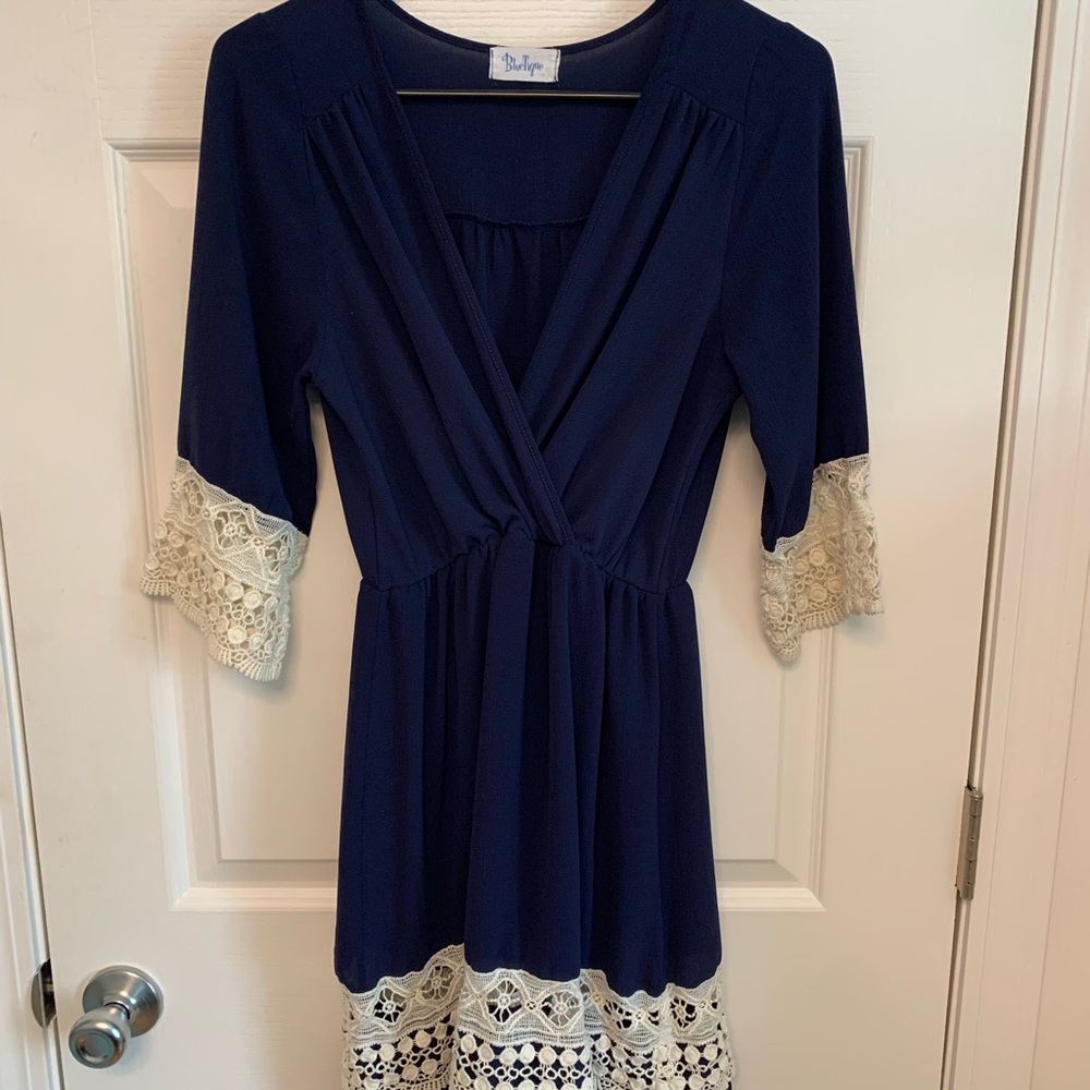 bluetique Blue Babydoll Dress with Cream Lace and Bell Sleeves. Small